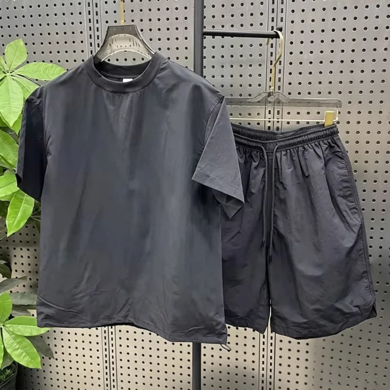 Men Summer Casual 2 Piece Set Solid Simple Quick Dry Short Sleeve T Shirt Drawstring Shorts Suit Loose Daily Streetwear Sports