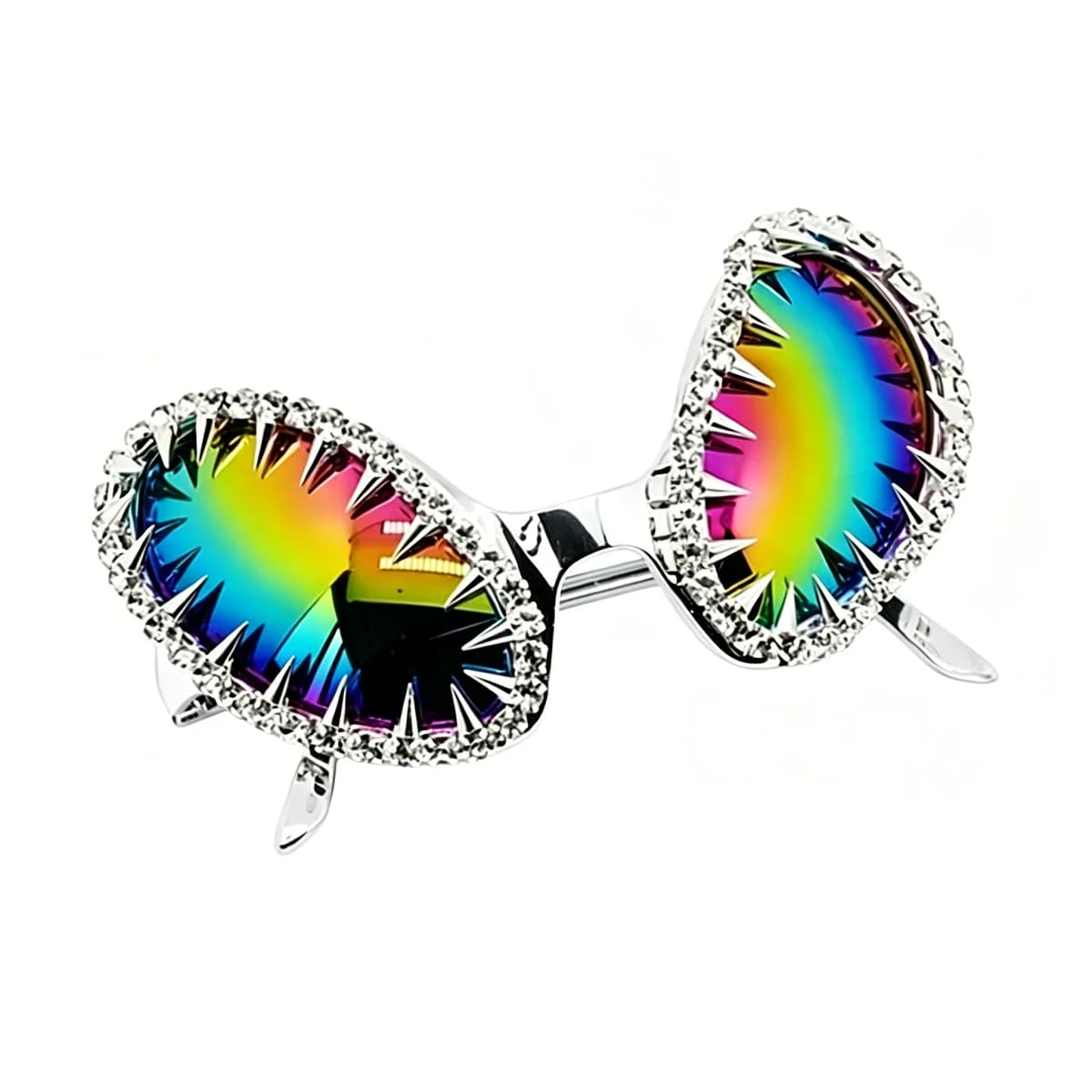 Spiked Eye Sunglasses Silver Electroplated Alien Shape Sunglasses Punk Sunglasses Iridescent Rhinestone Costume Shades