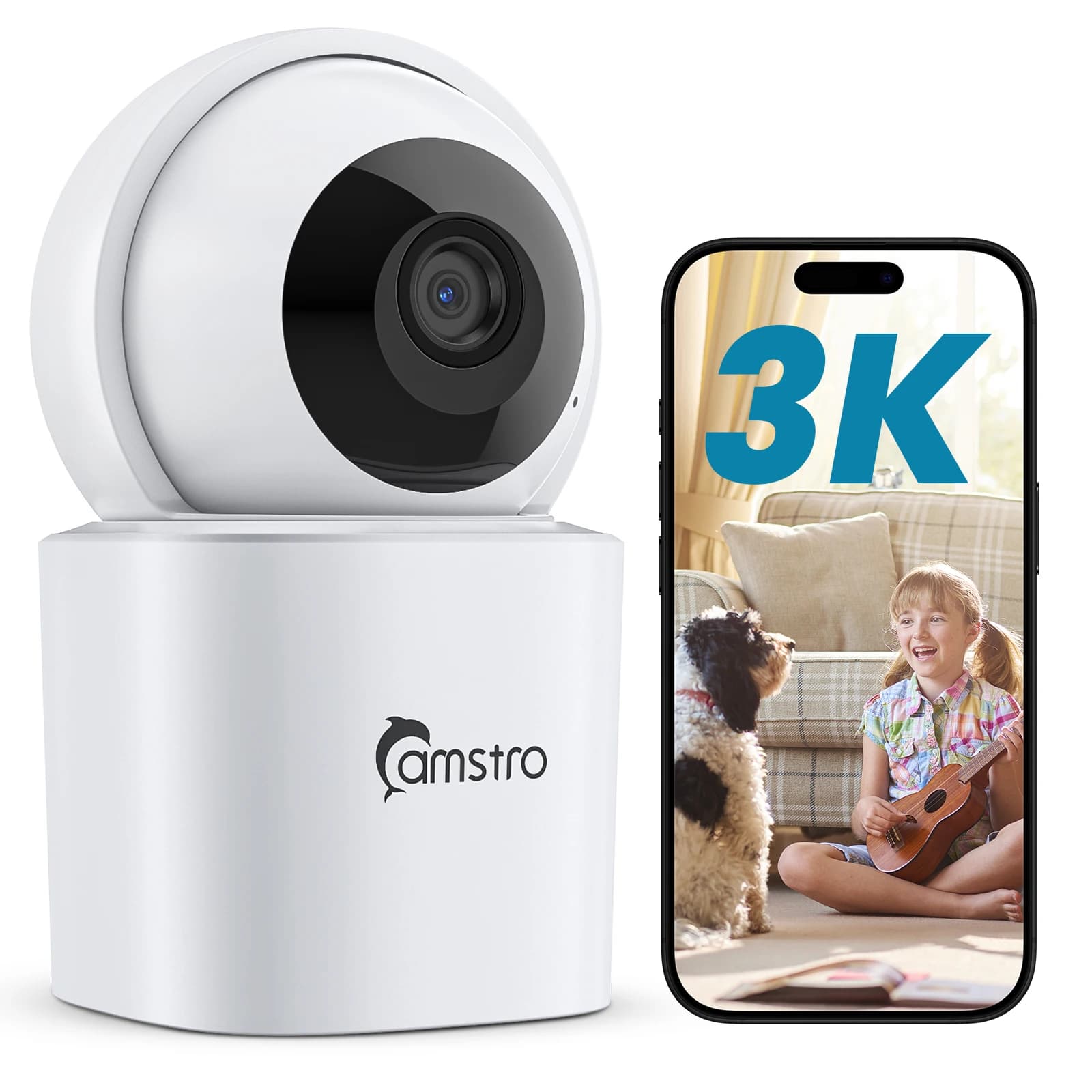 CAMSTRO 360 ° Telecamera di sicurezza domestica intelligente Mi PTZ 3k Webcam con audio bidirezionale, zoom 4X, tracciamento del movimento, visione notturna IR, telecamere Wi-Fi 5G/2.4GHz