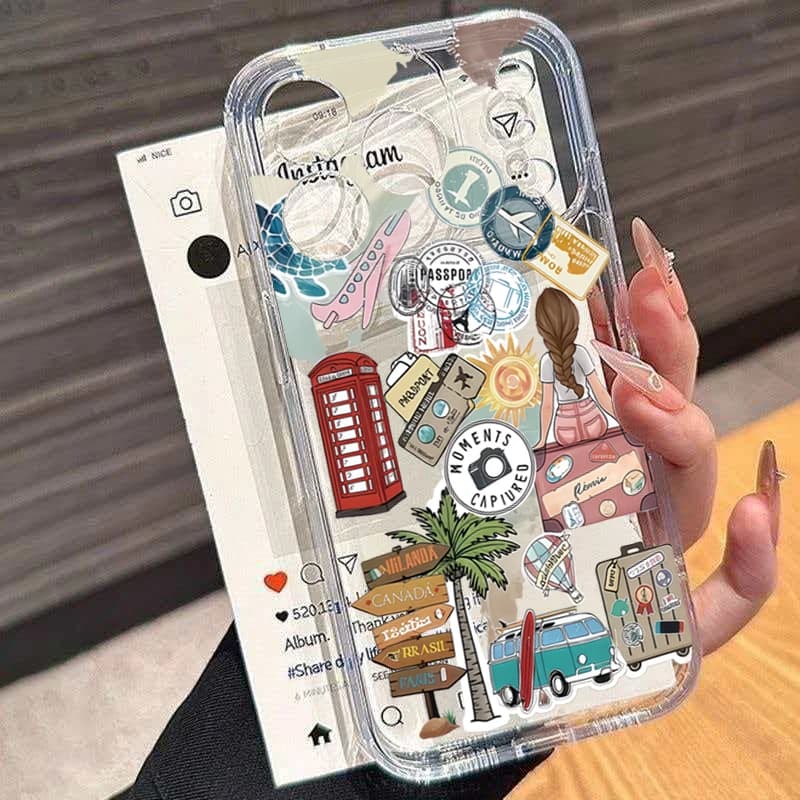 Cover Trasparente Antiurto Travel World Label per iPhone 17 16 15 11 12 14 13 Pro Max Mini X XS 7 Plus 17E