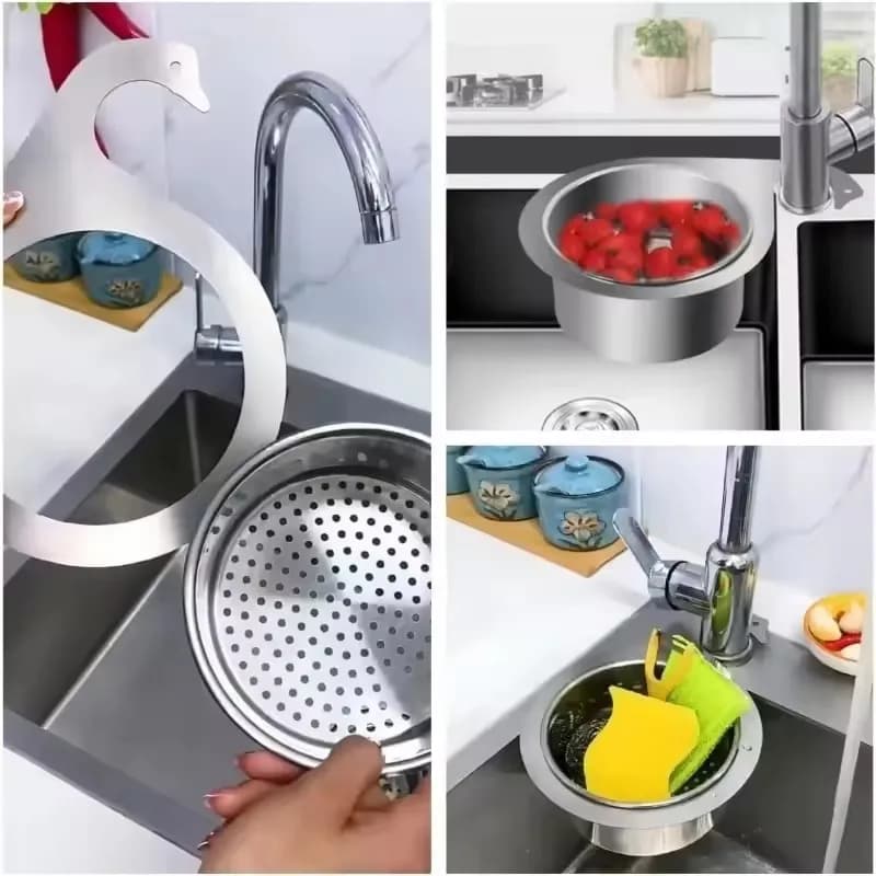Cestello Scolapiatti a Cigno in Acciaio Inossidabile per Lavello da Cucina, Filtro per Rifiuti, Scolapiatti per Frutta e Verdura, Porta Spugne
