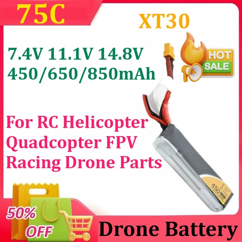 7.4V 450/650/850mAh 75C Lipo Batteria Per RC Elicottero Quadcopter FPV Racing Drone Parti Con XT30 2S 3S 4S batteria ricaricabile