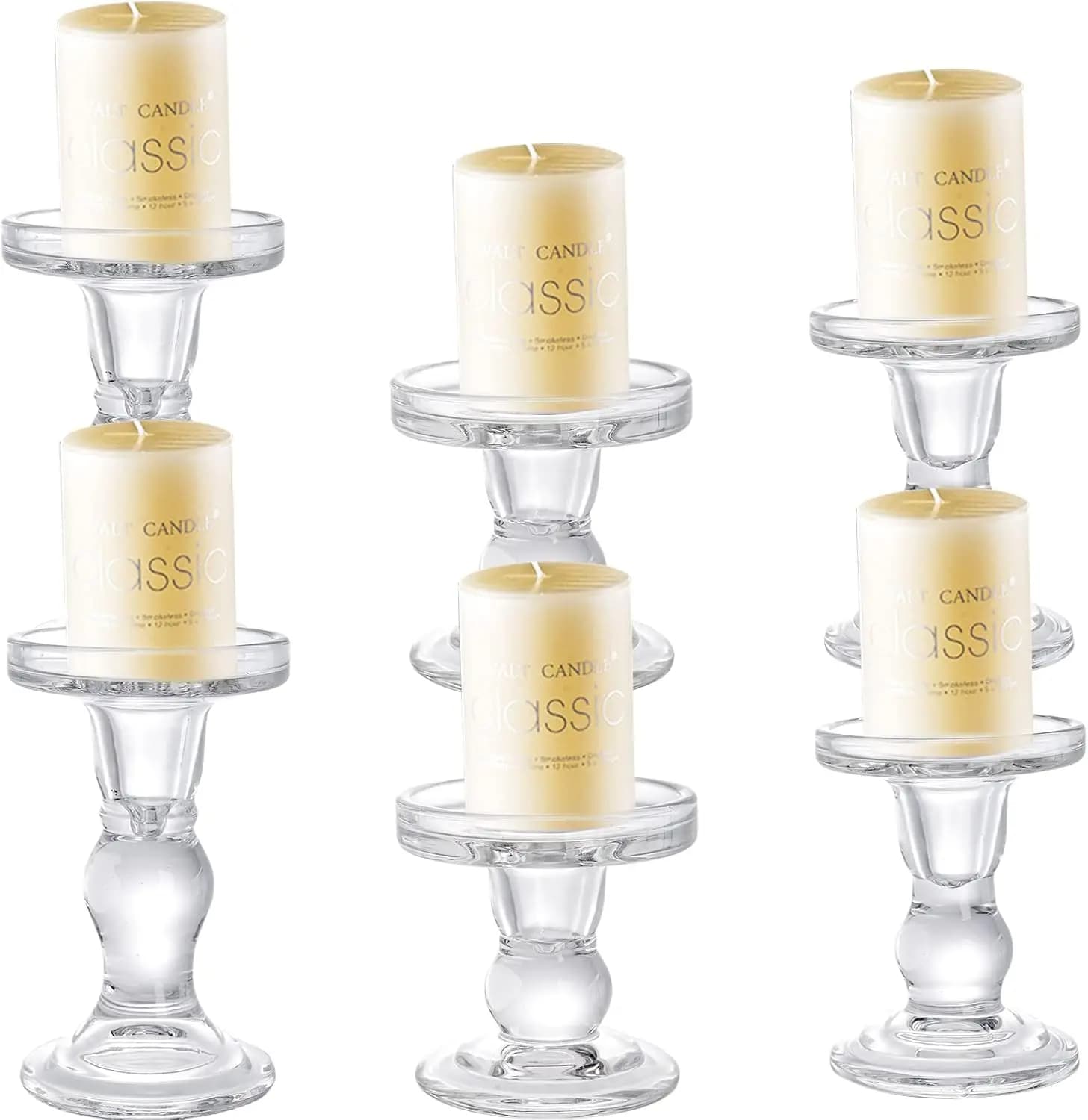Set di 6 Portacandele in Vetro Trasparente, Supporti per Candele a Colonna, a Cono e Tealight per Decorazioni da Tavola, Centrotavola per Matrimoni