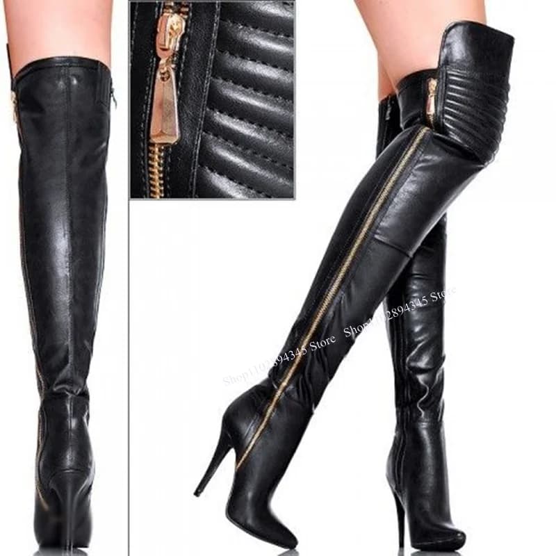 Stivali alti con cerniera neri sopra il ginocchio Tacco alto sottile Punta a punta Moda sexy stile romanzo Estate 2025 Scarpe da donna Zapatillas Mujer