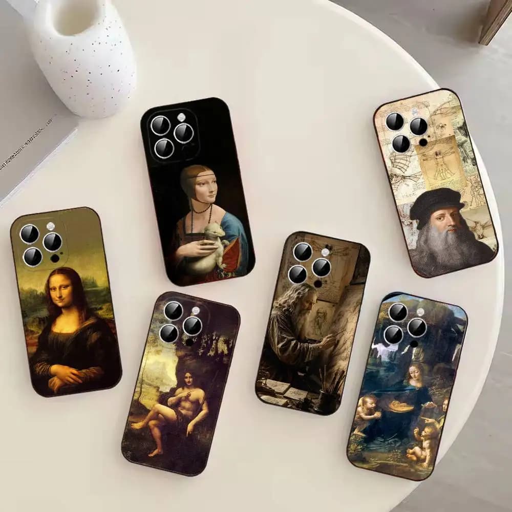 Leonardo da Vinci Art Black Soft Cell Phone Case For iPhone 17 16 15 14 13 12 11 XS Mini Pro Air Max Plus Protective Cover