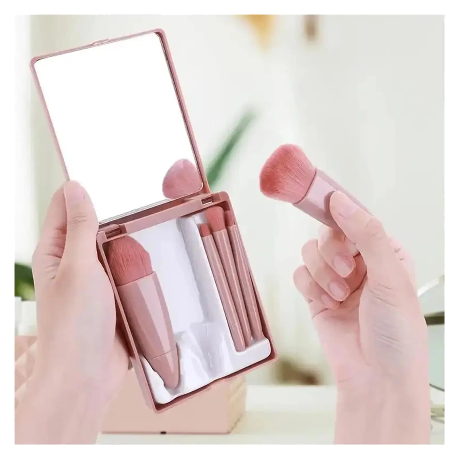 Set di 5 mini pennelli da trucco da viaggio, kit completo di pennelli cosmetici con custodia e specchio per il trucco in movimento.