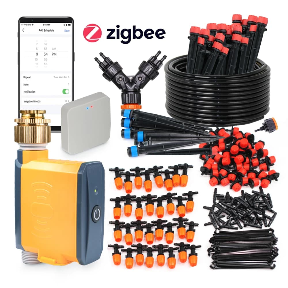 Kit di Irrigazione con Timer Zigbee da 20m per Giardino, Compatibile con Diversi Tipi di Irrigatori, Tubo da 1/4'', Sistema di Irrigazione Intelligente con Controllo Remoto tramite App