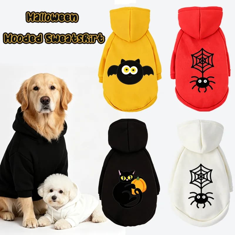 Halloween Pet Hoodie Dog & Cat Warm Sweatshirt Cute Bat Spider Pumpkin Pattern Outfit Festival Party Apparel