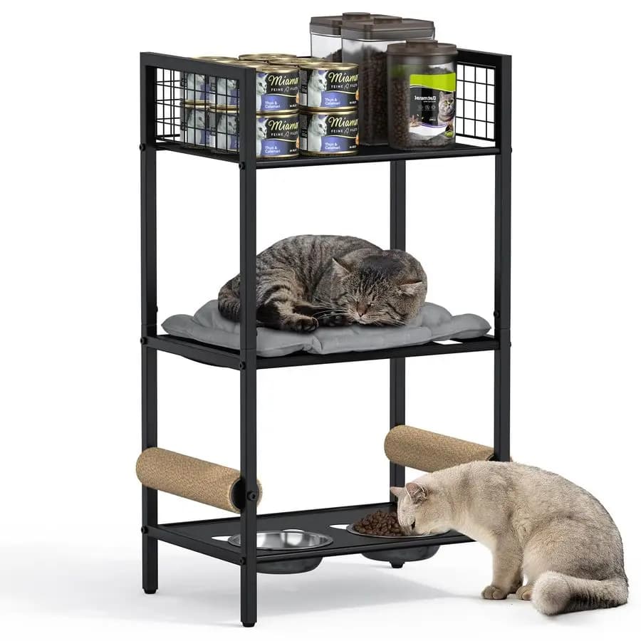 Supporto per Gatti con Tiragraffi, Ciotole per Cibo, Piattaforma Letto, Organizzatore per Alimenti, Tutto in Uno per Animali Domestici