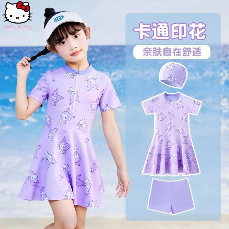 Anime Swimsuit Cartoon for Girls, New Beach Summer Set with Swimming Hat, Bikini Breathable Drying Rapida Kuromi