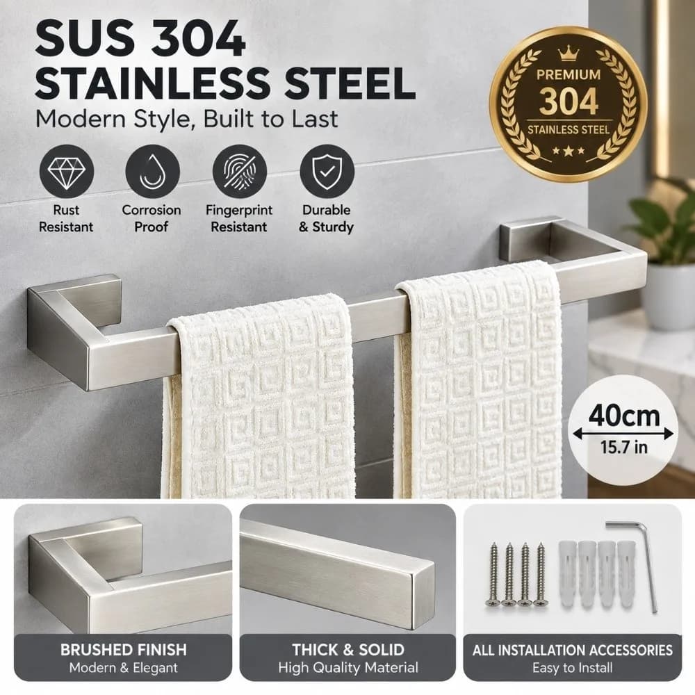 Durable 304 Stainless Steel Towel Holder Wall Mounted Rustproof Towel Rack Modern Silver Towel Bar Home Hotel