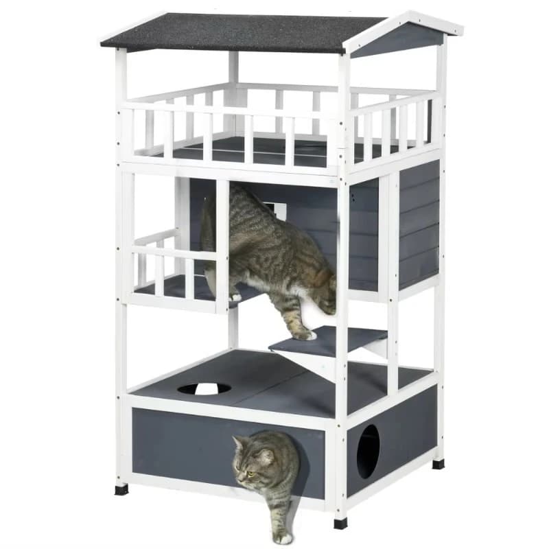 Casetta per gatti all'aperto in legno, albero per gatti, albero per gattini con riparo per gatti con tetto per asfalto, porte di fuga, Condo, piattaforma per saltare