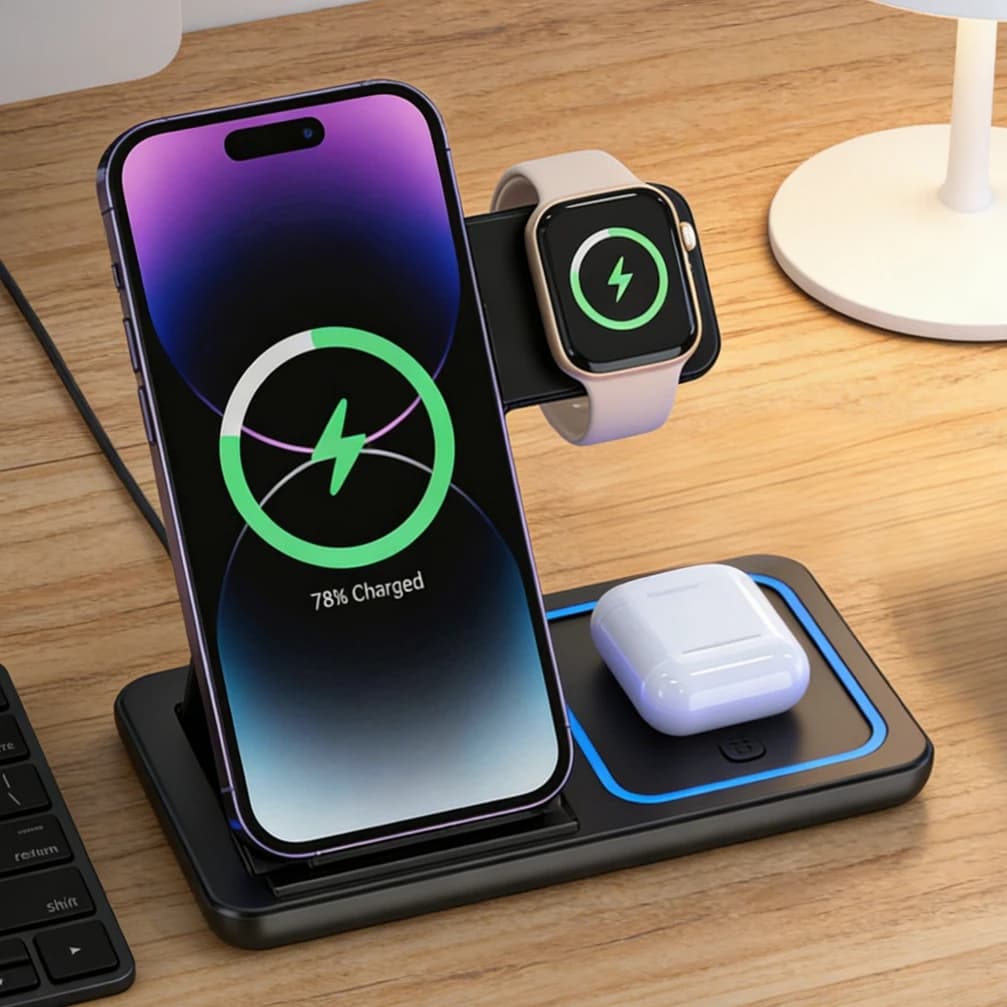 Foldable wireless charging station 3 in 1 from 30 W for iPhone 17 15 14 13 12 Pro Max iWatch 11 Airpods Pro Fast charger support