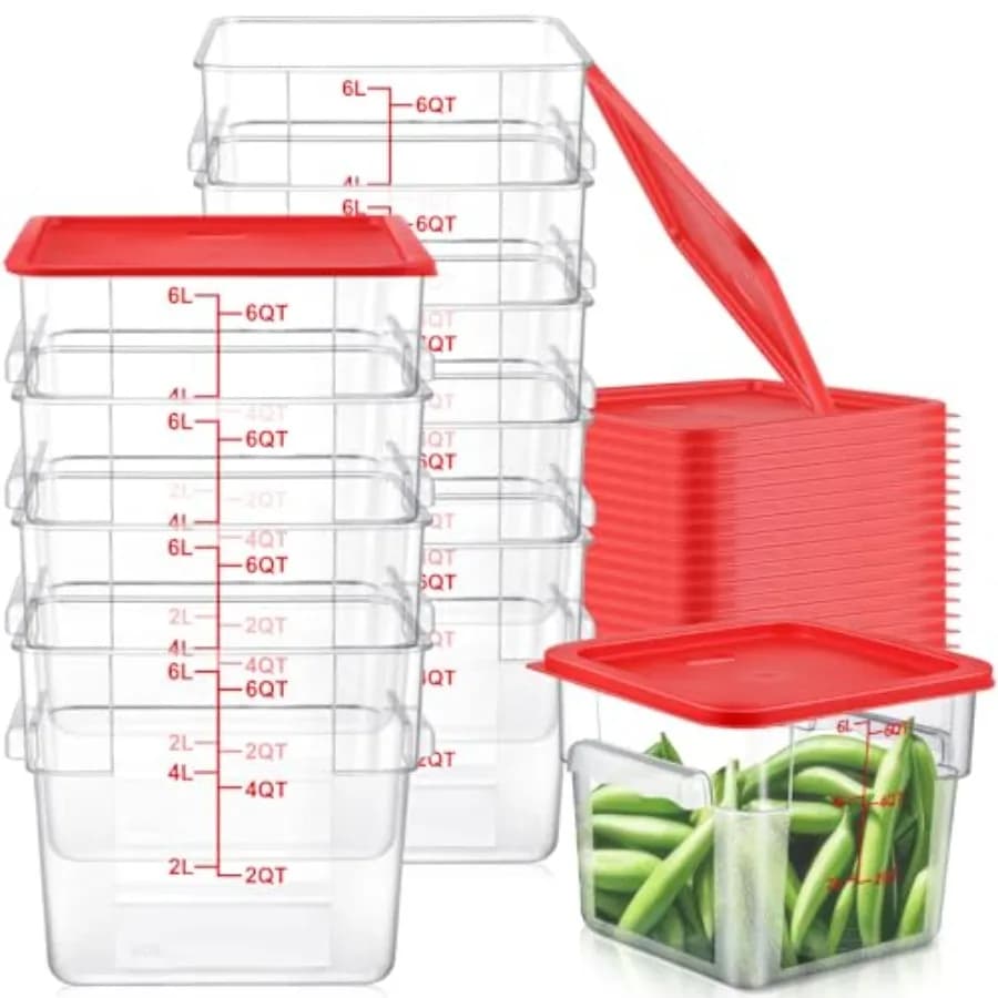 10 Set Contenitori Quadrati per Alimenti da 6 Qt con Coperchi, Contenitori Commerciali in Policarbonato per Lievitazione Impasto con Scala, Trasparenti e Ermetici