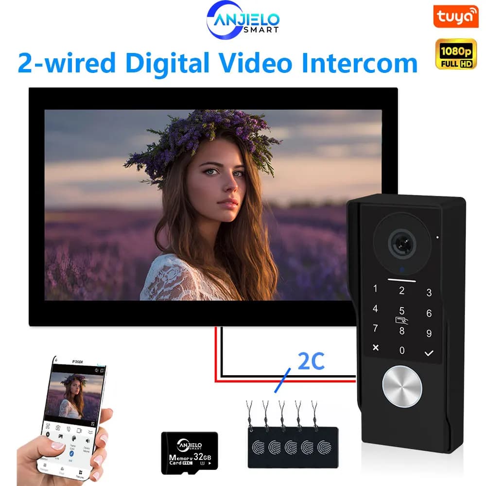 ANJIELO Videocitofono campanello in metallo a 2 fili con TUYA IC Card PIN Sblocco 24 Telecamera IP Supporto Sistema di videocitofono intelligente per la casa 1080P