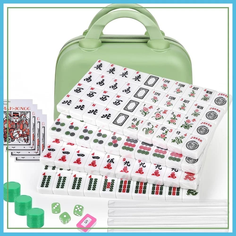 Set Mahjong Americano Portatile, 166 Tessere con Borsa, Dadi, Fiches, Indicatore del Vento, Libro di Istruzioni, Gioco da Viaggio Compatto