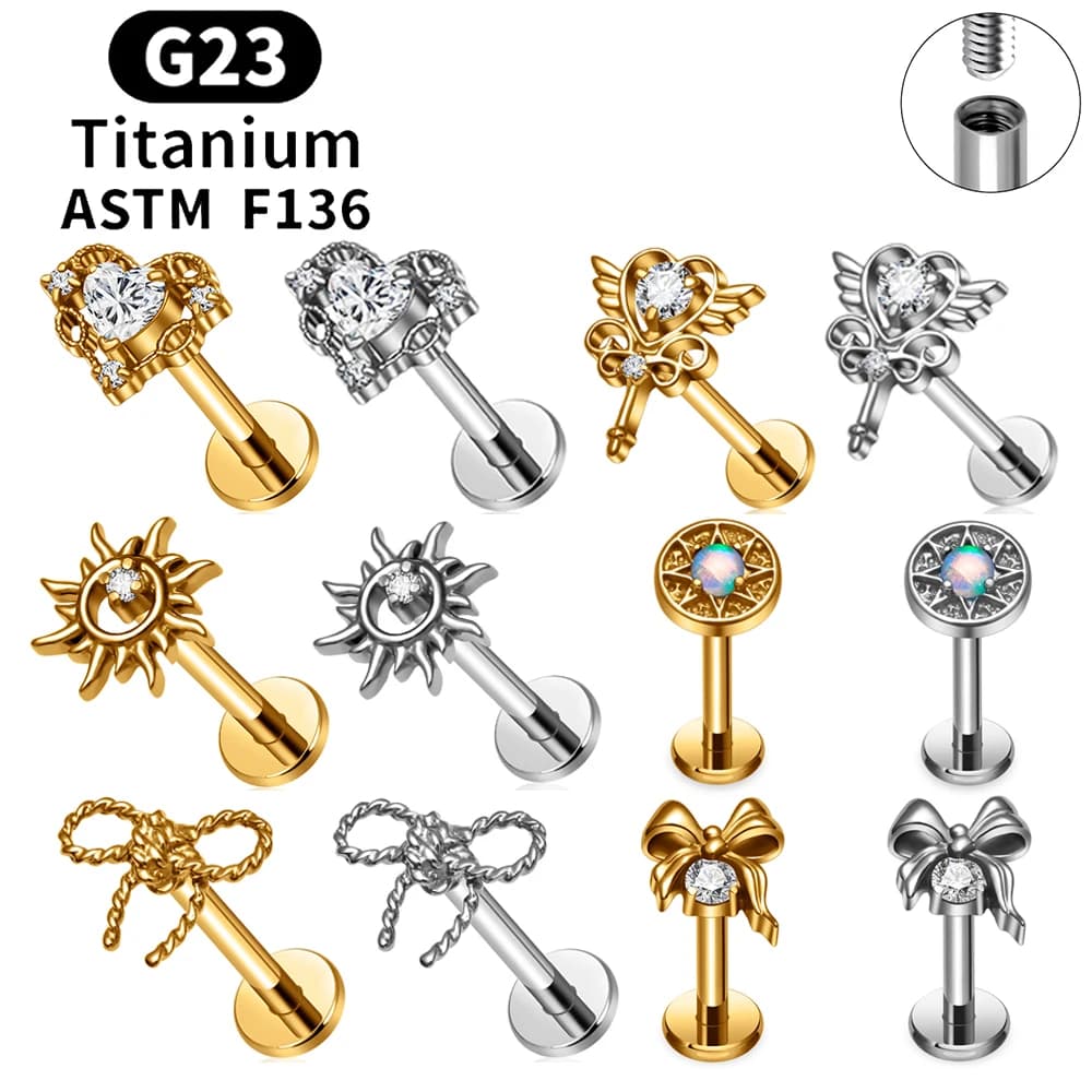 ASTM F136 Titanium CZ Heart Wings Sun Earring Stud 16G Labret Lip Stud Cartilage Tragus Conch Helix Lobe Ear Piercing Jewelry