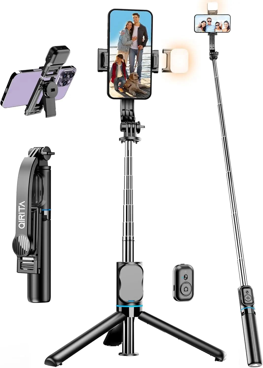 Treppiede per selfie da 42 pollici con luce di riempimento, supporto estensibile per telefono, treppiede da viaggio all-in-1 con telecomando rimovibile e supporto per telefono