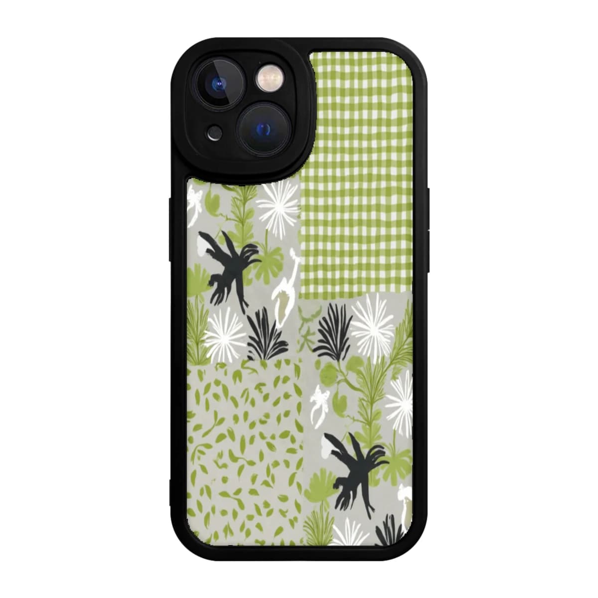 Phone Case Green Checkered Floral Pattern With Birds And Leaves For Iphone X To Iphone 16 Pro Max Outdoor Nature Style