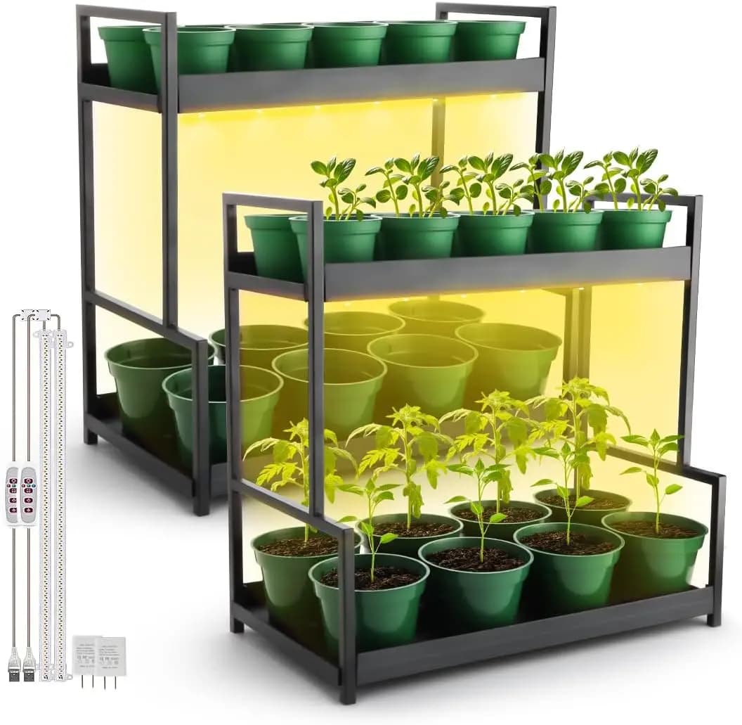 Supporto per Piante a Due Livelli con Luce di Crescita e Vasi per Giardinaggio Indoor, Erbe, Piante Grasse, Piantine e Piccole Piante