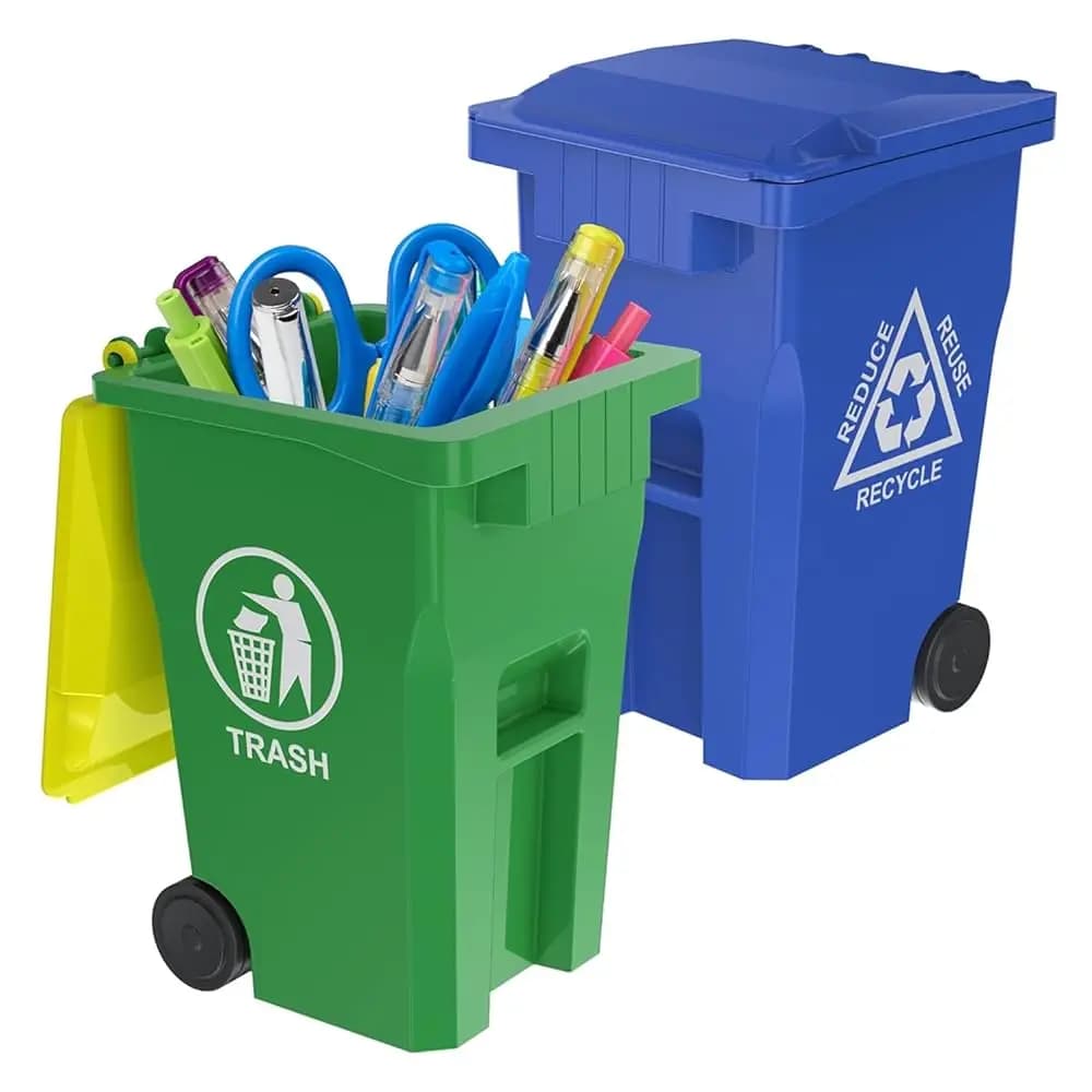 Mini Portapenne a Forma di Bidone della Spazzatura per Scrivania, Confezione da 2, Blu e Verde, Piccolo Contenitore per Riciclaggio e Portapenne | Contenitore per matite e penne