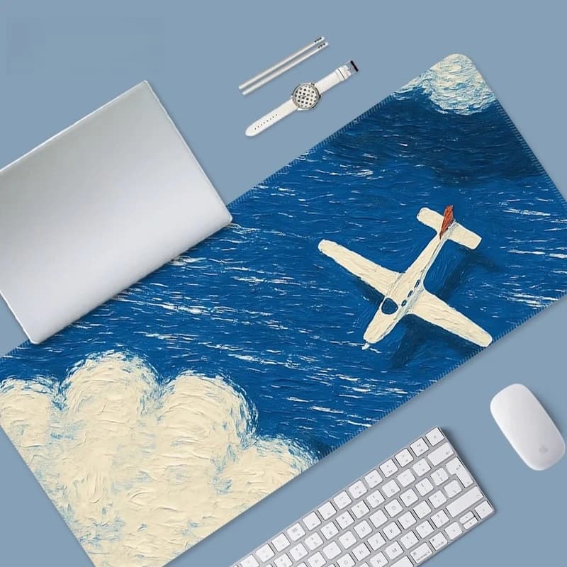 Large Oil Painting Landscape Mouse Pad Non-Slip Desk Mat with Airplane Mountain & Cloud Art for Office And Gaming