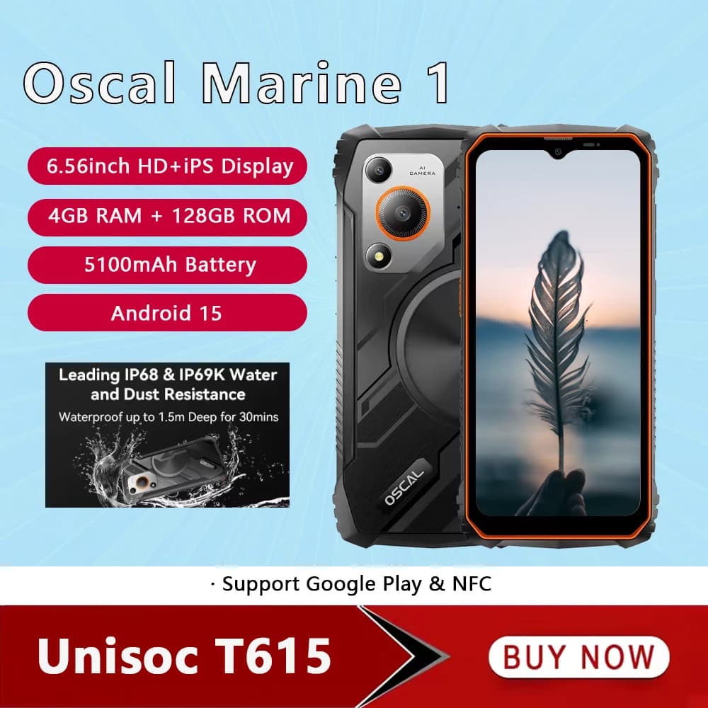OSCAL MARINE 1 Smartphone Robusto 4G Android 15 Unisoc T615 6.56 Pollici HD+ 4GB RAM 128GB ROM Telefono Cellulare 5100mAh NFC