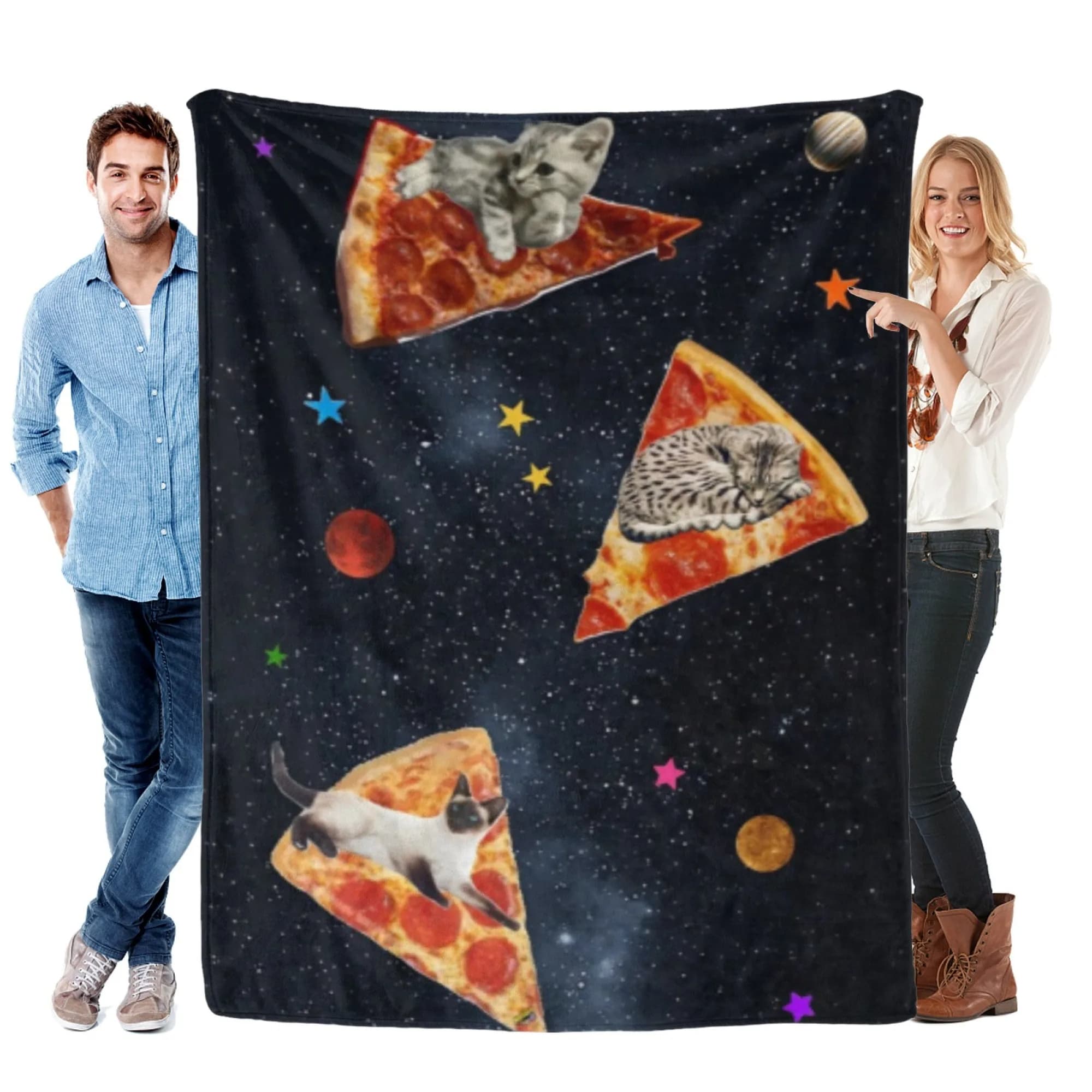 Coperta in flanella, pizza spaziale, stampa divertente di gatto, adatta a tutte le stagioni, divano da camera da letto, morbida e confortevole