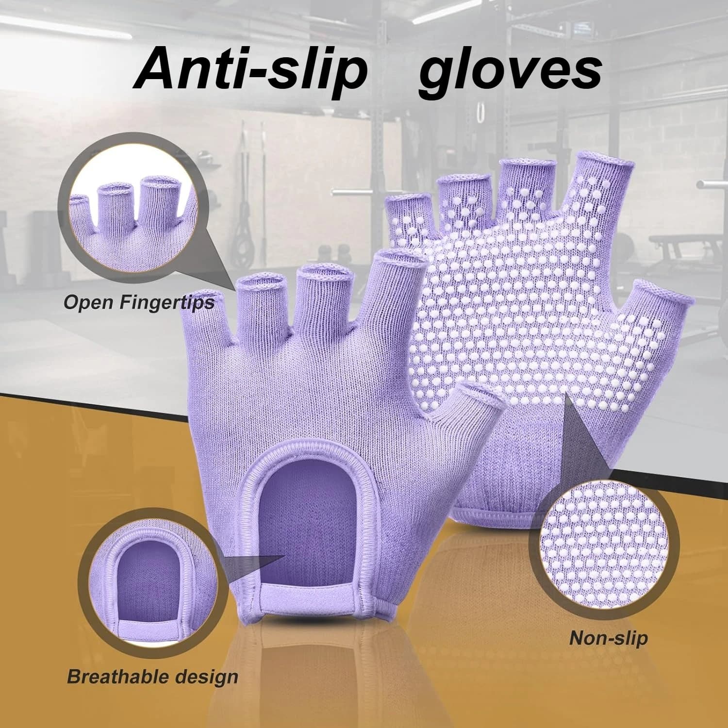 Anti-slip gloves for yoga and fitness, suitable for gym workouts, general strength training and weight lifting.