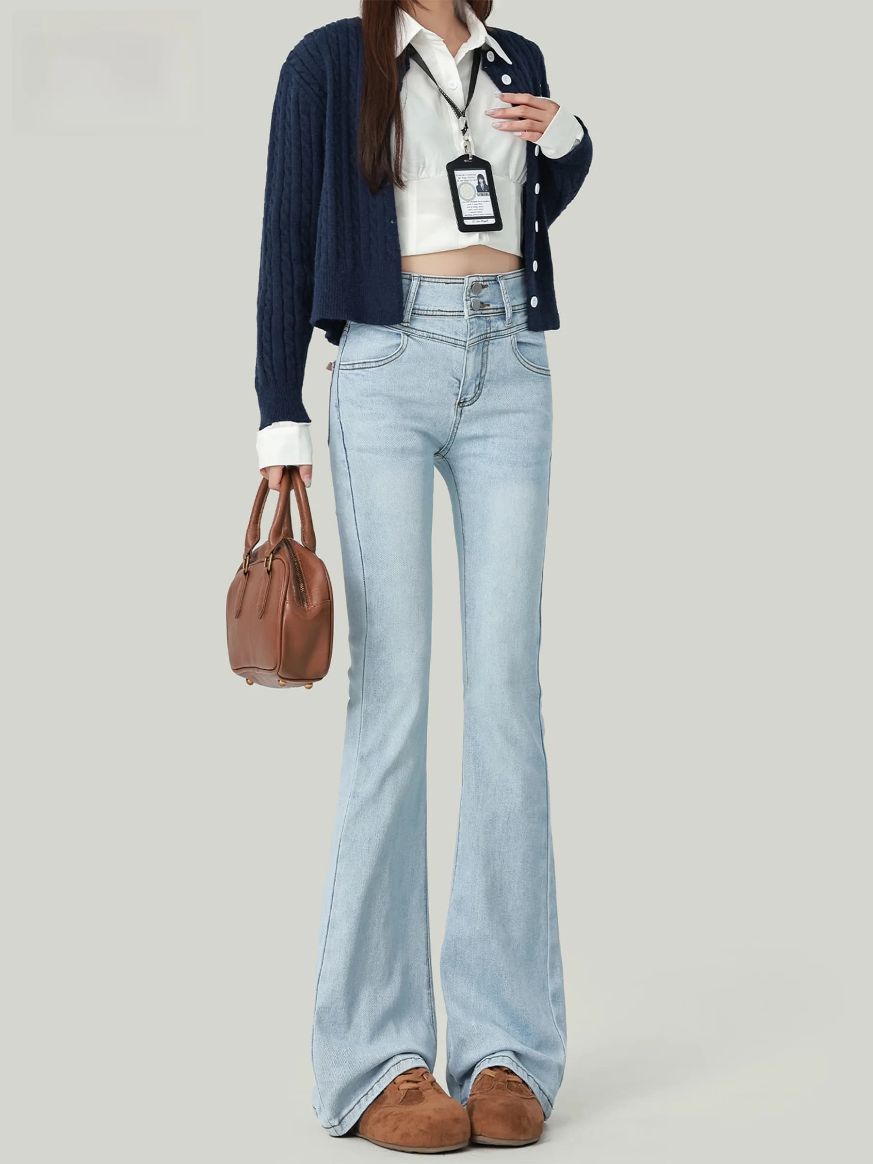 High Waist Slim Fit Bell Bottom Jeans Women's Lace Knot Elastic Denim Pants Casual Style Zipper Closure Cotton Blend