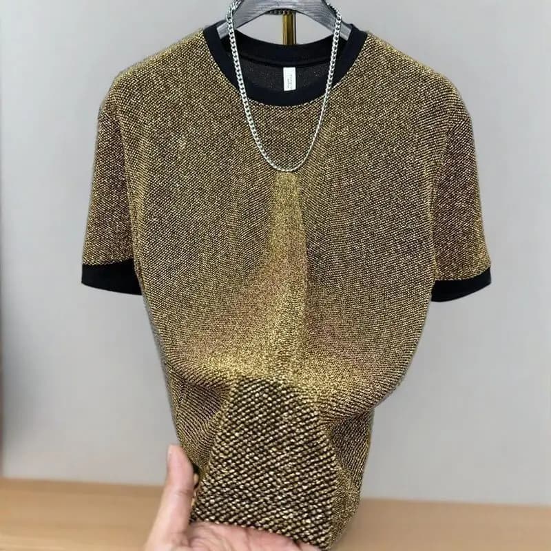 T-shirt da uomo a maniche corte con scollo a O in seta lucida Moda estiva Hip Hop Punk All-match 2xl Oversize Streetwear Golden Silver Party Bar