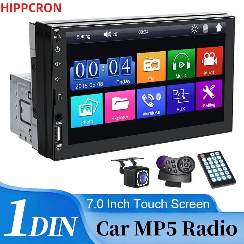 HIPPCRON Autoradio 1 DIN con Touchscreen da 7 Pollici, Lettore MP5, Supporto AUX/USB Wireless e MirrorLink, Telecamera Posteriore Opzionale, Telecomando