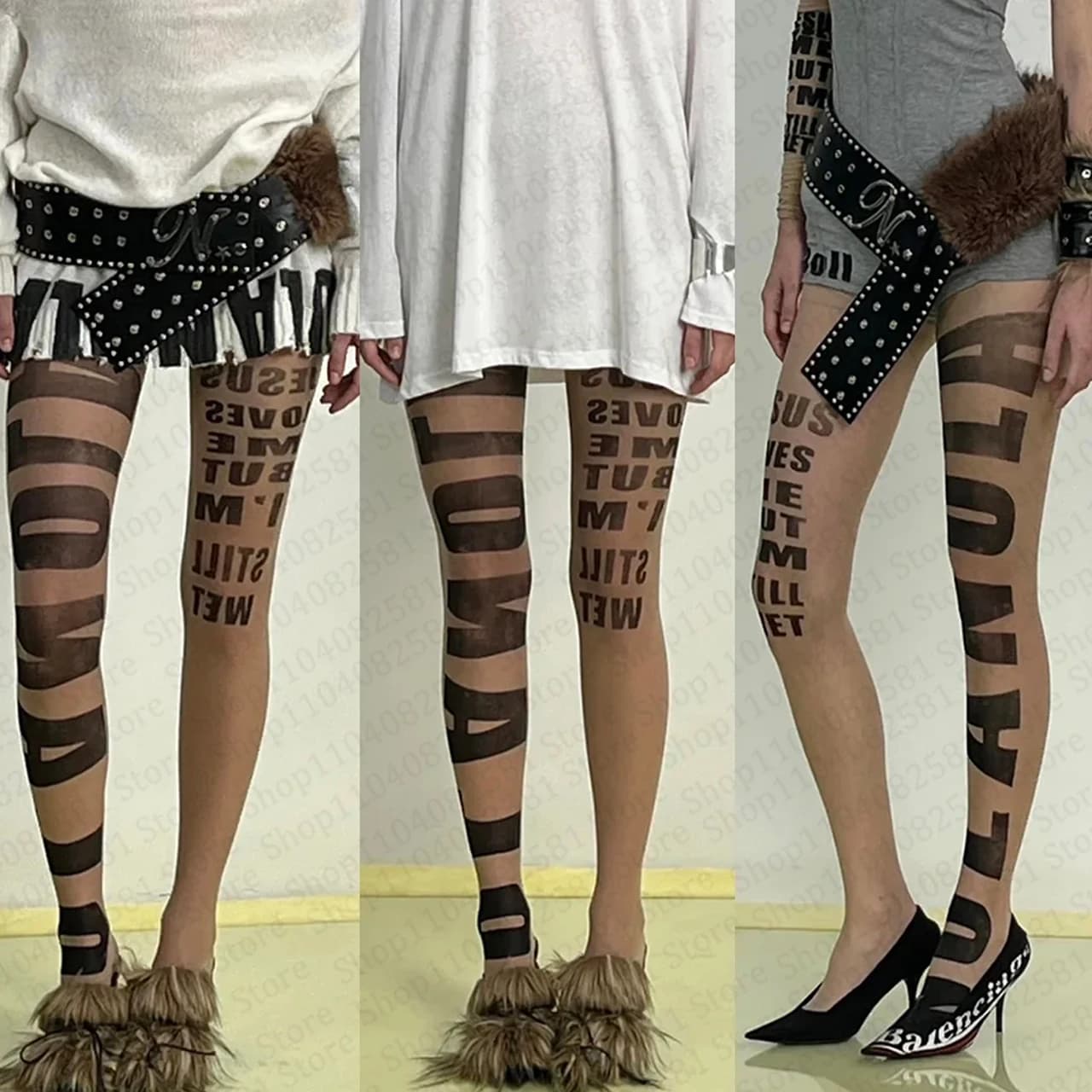 Gothic letter printed pantyhose fashionable and cute white graffiti socks retro 2000s hip-hop rock street Y2K style emo girl