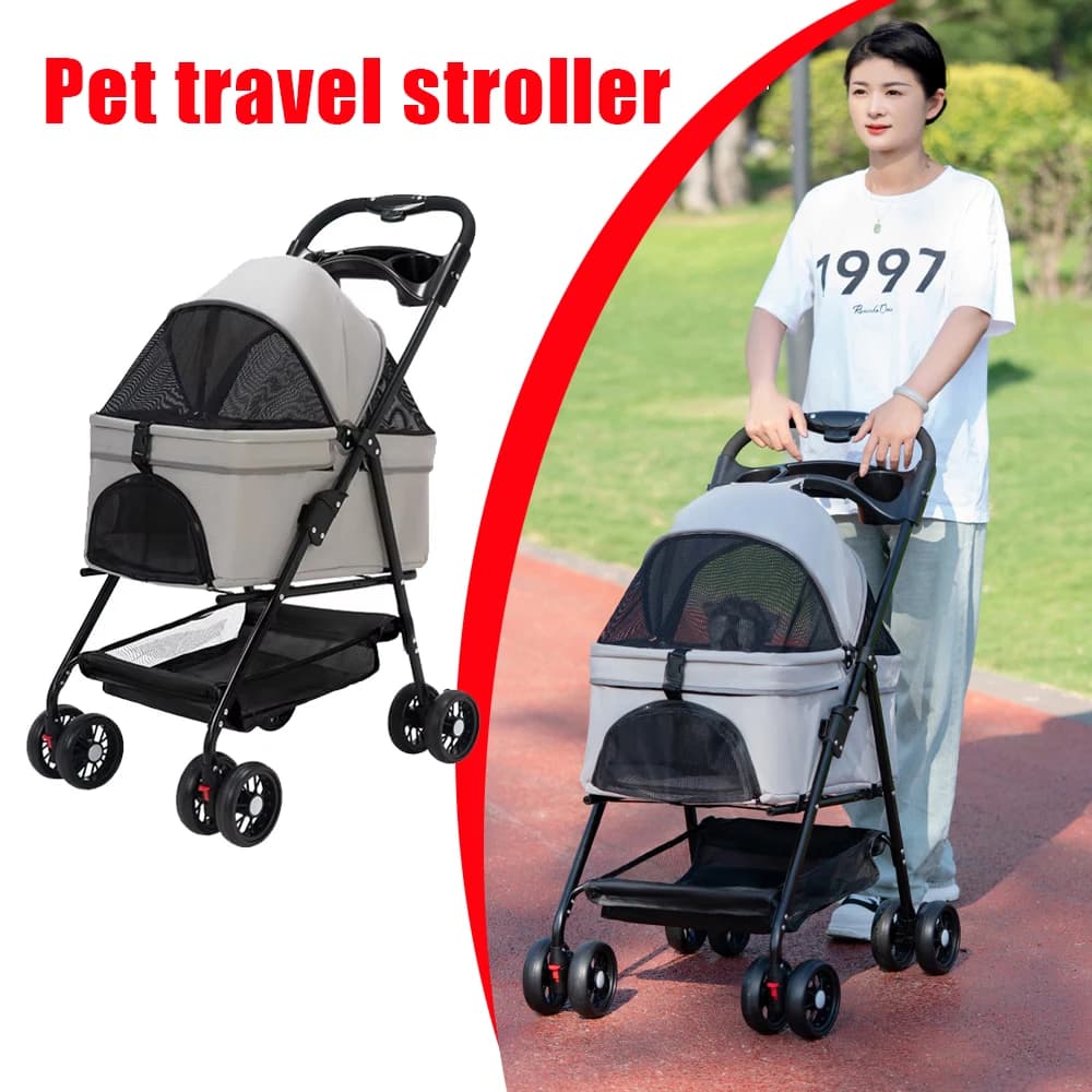Passeggini per Animali Domestici, per Cani e Gatti, Passeggini Pieghevoli e Rimovibili con Gabbia, Passeggini per Animali con Cestino Portaoggetti per Esterni