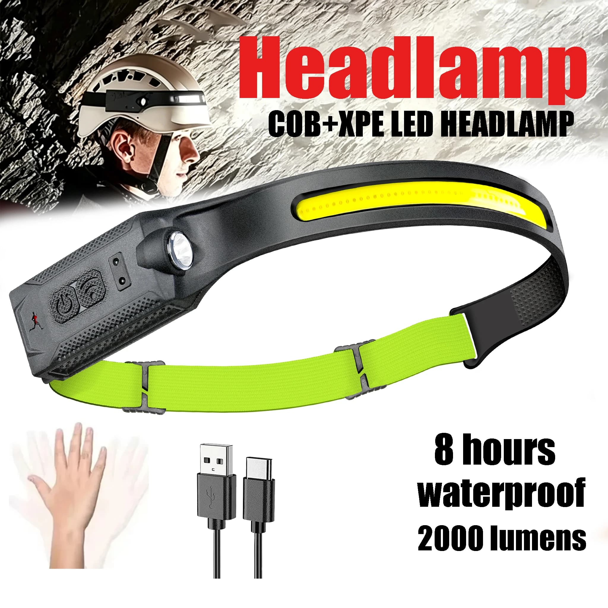 Lampada Frontale COB Portatile con Sensore, Ricaricabile, 5 Modalità di Illuminazione, Batteria Integrata, Luce per Corsa e Emergenze all'Aperto