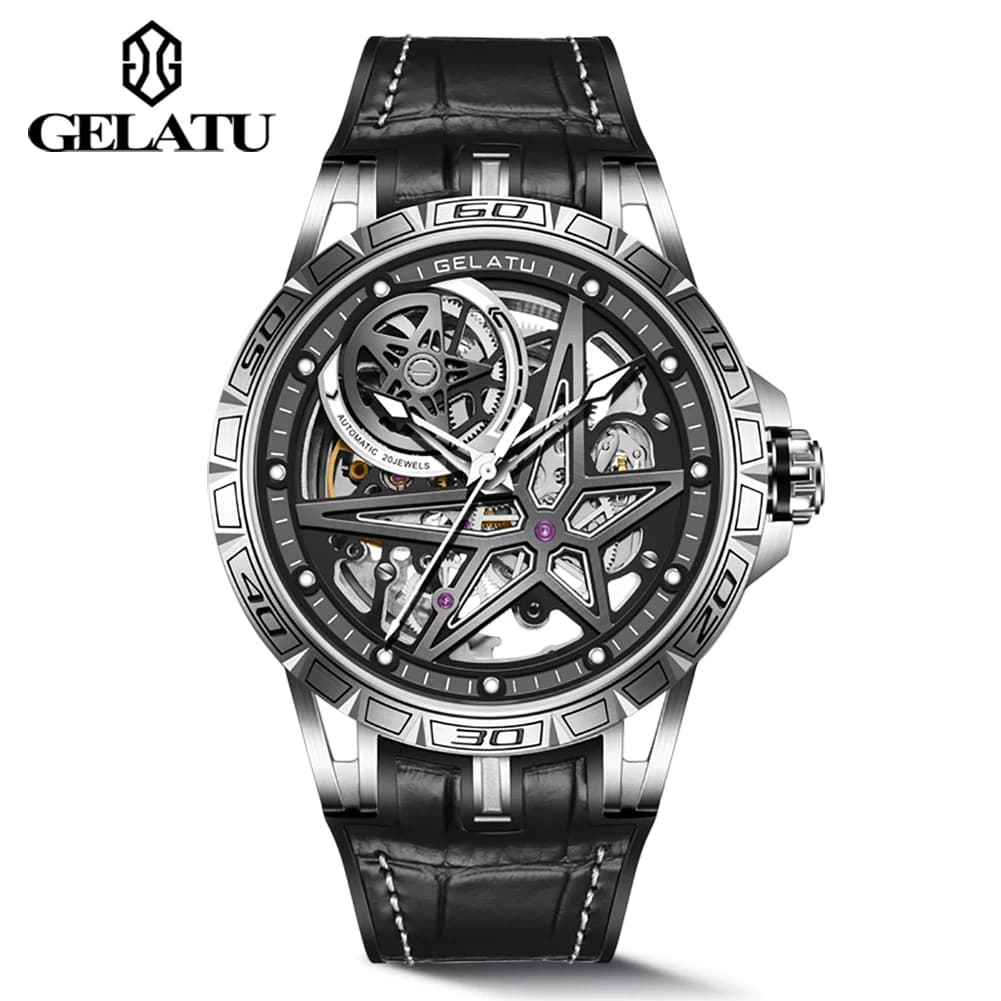 GELATU 6009 TOP Brand Men's Watches Skeleton Automatic Mechanical Movement Leather Strap Watch