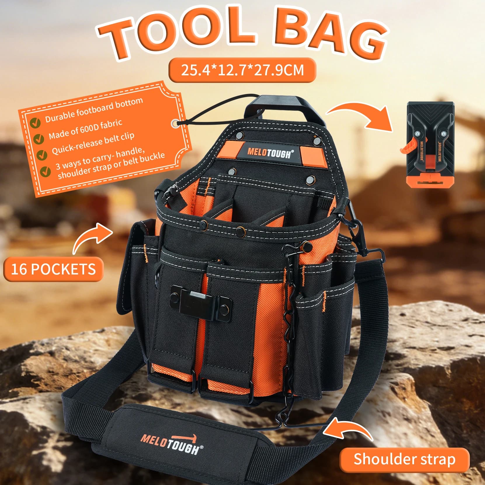 Borsa Porta Attrezzi da Elettricista con Tracolla, 15 Tasche e Clip da Cintura, Organizzatore Professionale a Sgancio Rapido