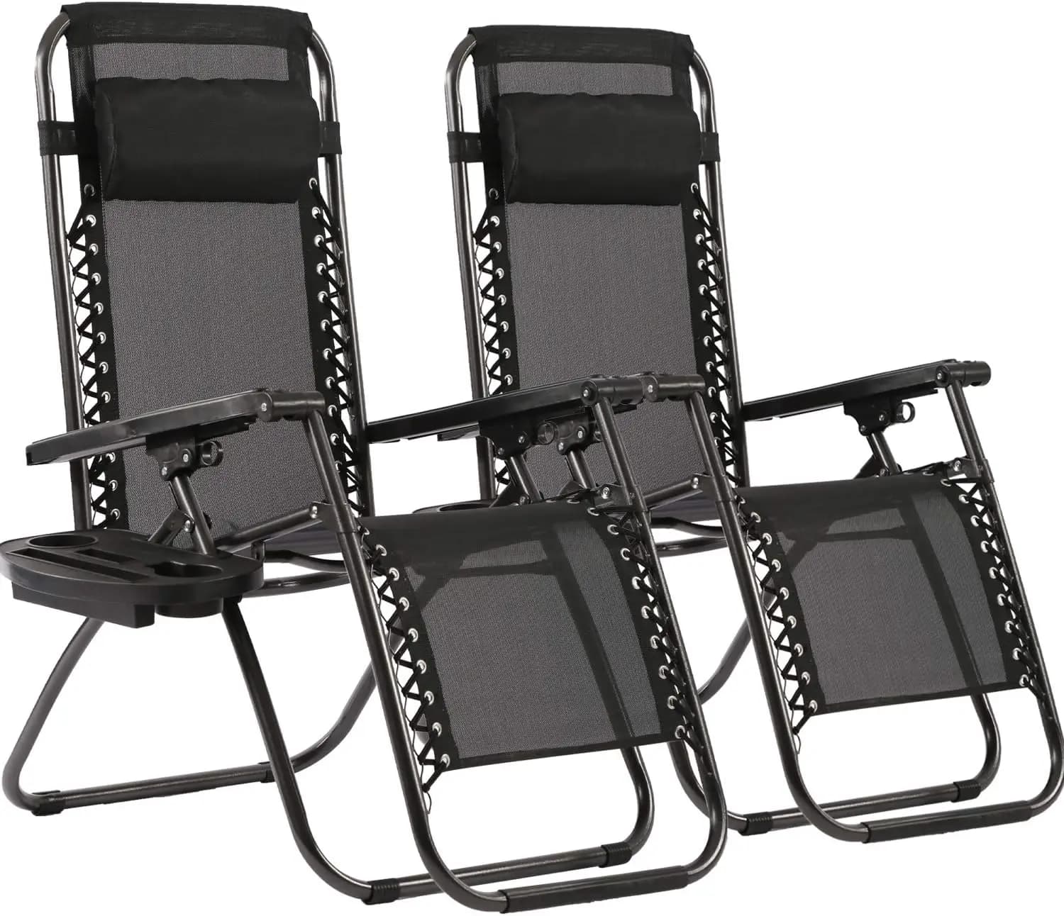 Zero Gravity Lawn Lounge Chairs Set of 2 with Pillow and Cup Holder - Adjustable Reclining Folding Outdoor Chairs for Deck Beach