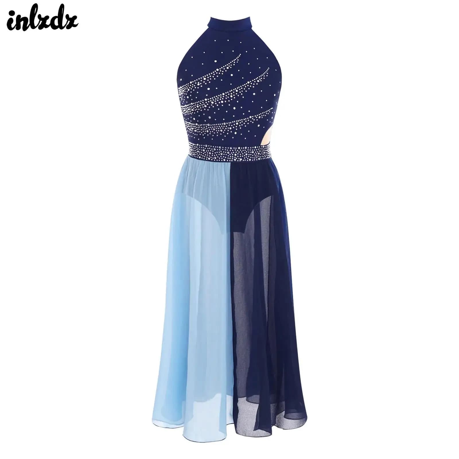 Costume da body per bambina con strass lucidi e spacco laterale, ginnastica, pattinaggio di figura, balletto, moderno, lirico, danza contemporanea