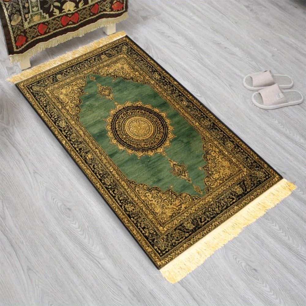 Tappetino da Preghiera Islamico VIKAMA, Stampa Boho Verde Oro Vintage, Tappeto Musulmano Portatile Pieghevole Lavabile per Regalo Eid