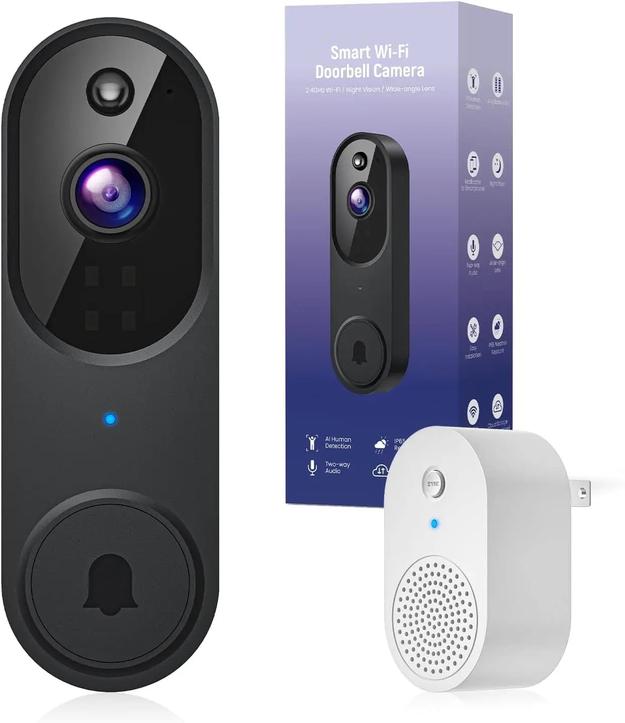 Campanello Video Wireless 1080p con Rilevamento Umano AI, Audio Bidirezionale, Visione Notturna, Archiviazione Cloud - Uso Interno/Esterno