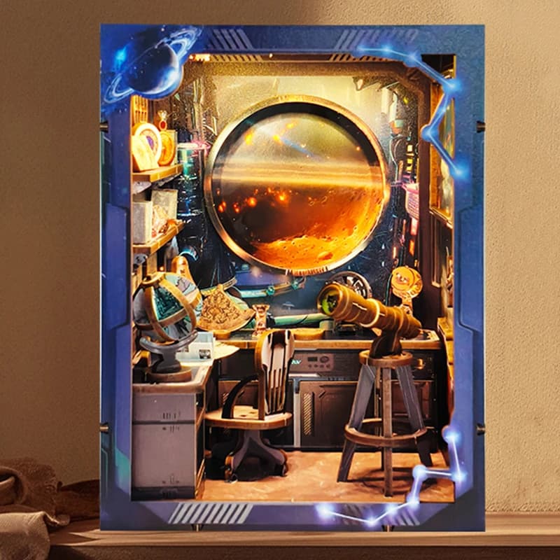 Scaffale per libri in legno fai-da-te Istituto dell'astronomia Fermalibri Kit modello in miniatura con luci Scaffale per amici Regali di compleanno