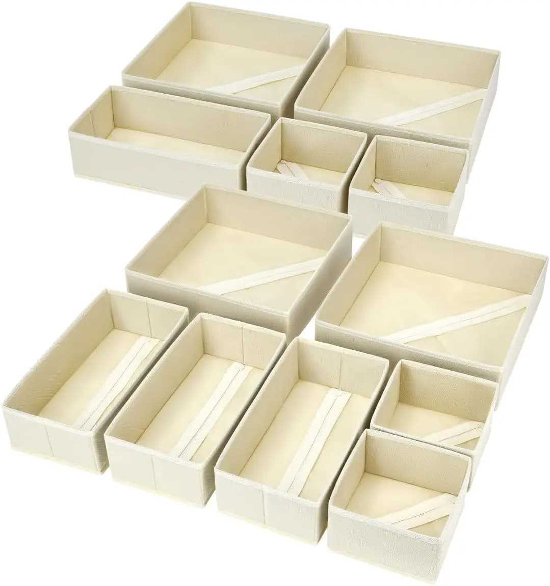 Set di 12 Organizzatori per Cassetti, Contenitori Pieghevoli in Tessuto, per Vestiti, Biancheria Intima e Calzini, Beige