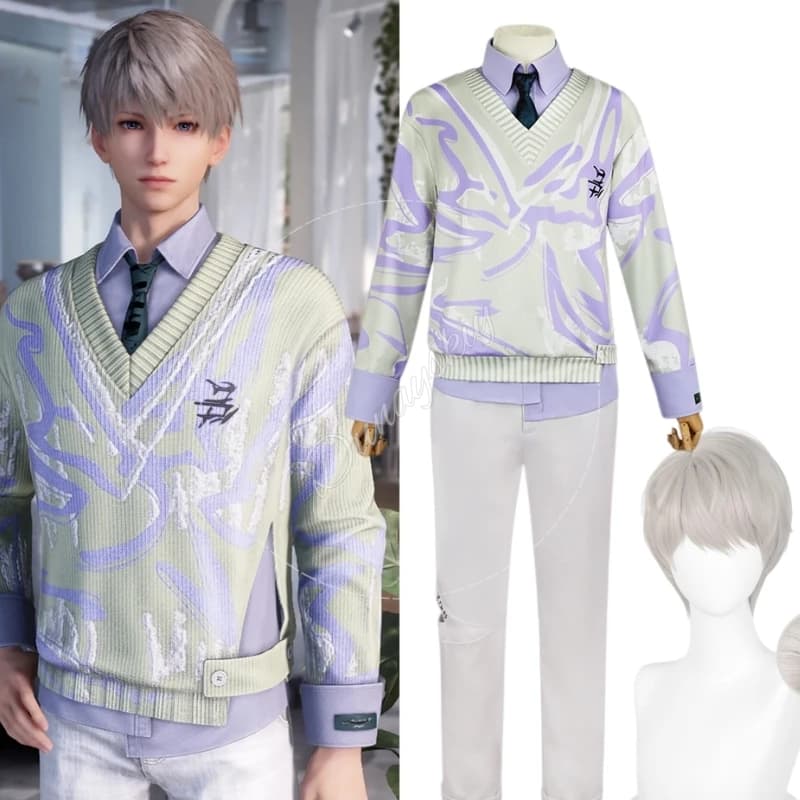 Costume Cosplay Love And Deepspace Xavier Shen Xinghui, Abbigliamento Casual, Set Completo, Maglione con Scollo a V Stampato Viola Chiaro, per Uso Quotidiano