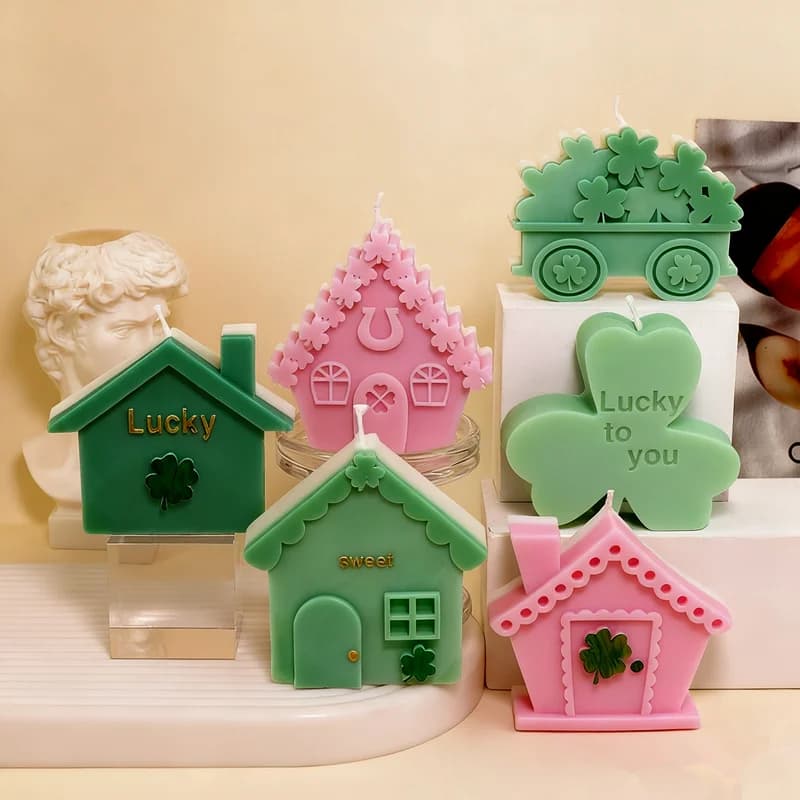 Stampo per candele in silicone a forma di casa, foglia fortunata, trifoglio, design per auto, candele per aromaterapia fai da te, decorazioni per torte, decorazioni da tavolo per la casa