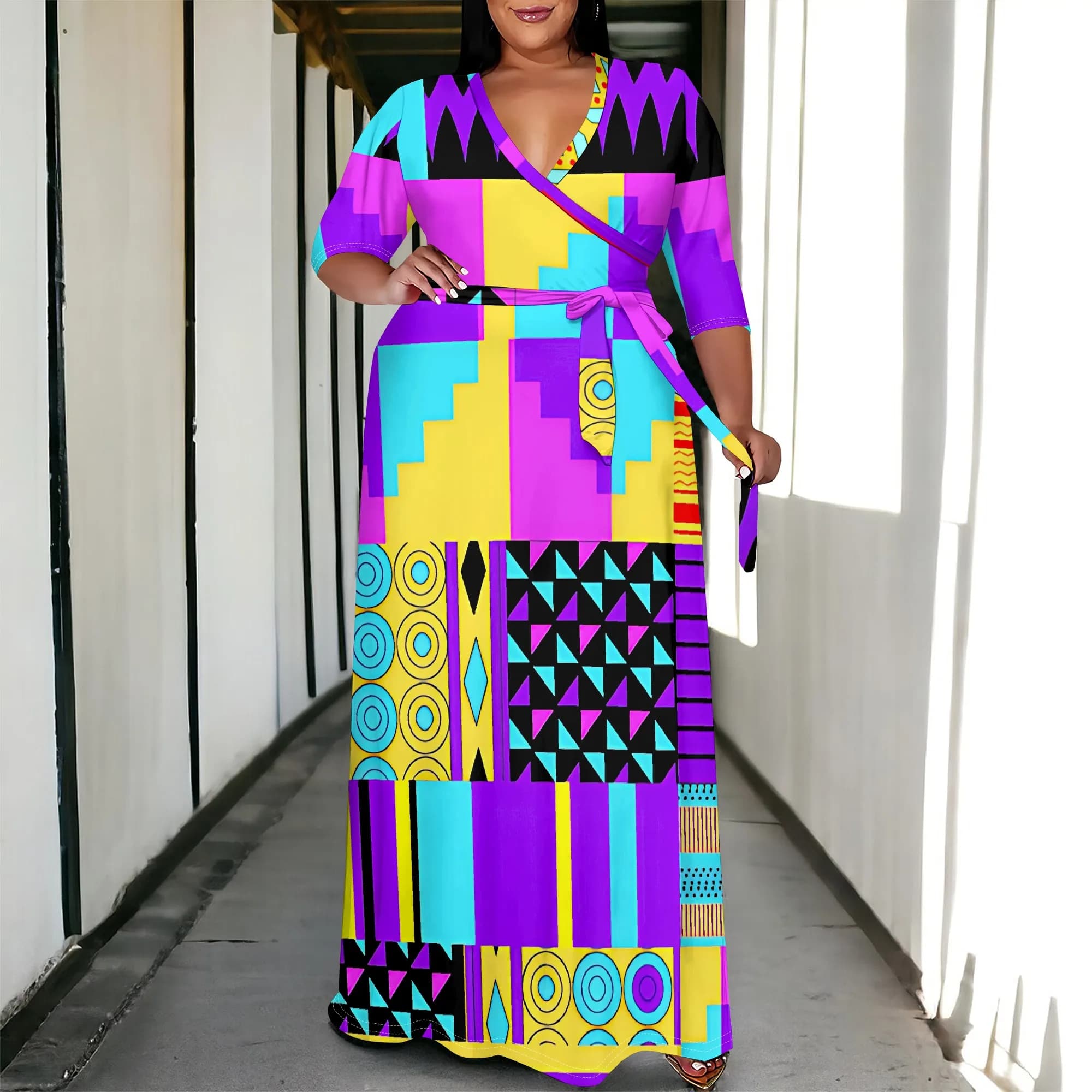 Abito lungo da donna con scollo a V e maniche a 3/4 taglie forti con tasca e bel Abito lungo casual da festa con orlo diviso stampato alla moda