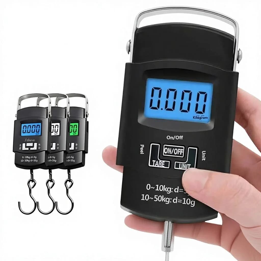 Bilancia Elettronica Portatile per Bagagli e Pesca 50kg, Gancio Compatto, Alta Precisione, Display LCD, in ABS