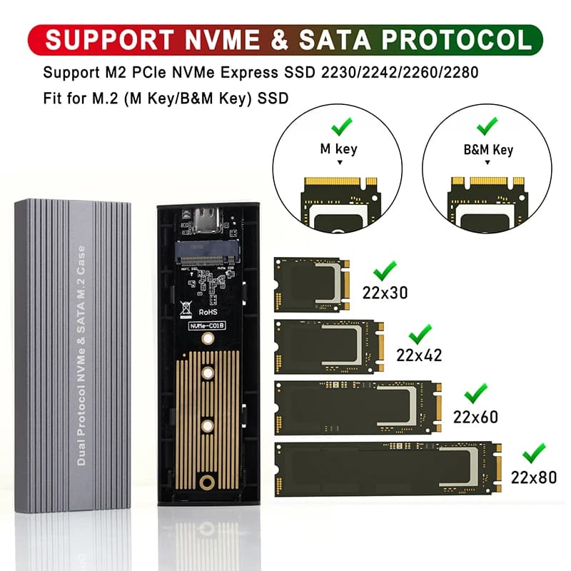 10Gbps USB 3.2 GEN2 TIPO C Custodia esterna M.2 NVME SATA SSD Custodia M2 SSD Box M / B + M Chiave Strumento Doppio protocollo gratuito Chip JMS581D