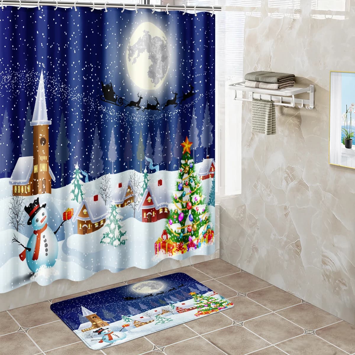 1Pc tenda da doccia impermeabile con ganci scena di neve di natale tenda da bagno tappeti morbidi per pavimenti tappetino da bagno antiscivolo decorazioni per il bagno