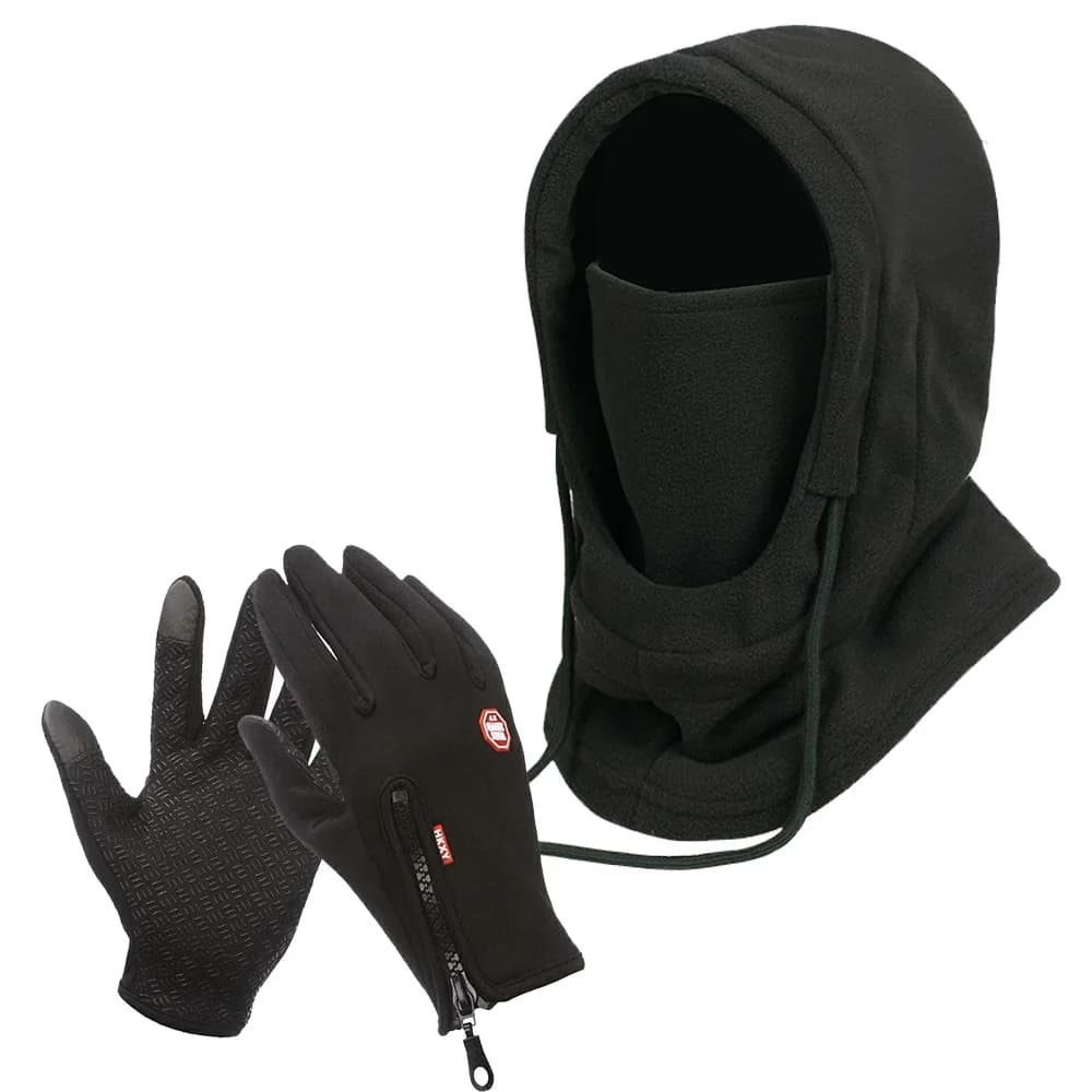 Maschera per il viso, scaldacollo, cappuccio in pile monopezzo con guanti in pile siliconico antiscivolo, set invernale antifreddo